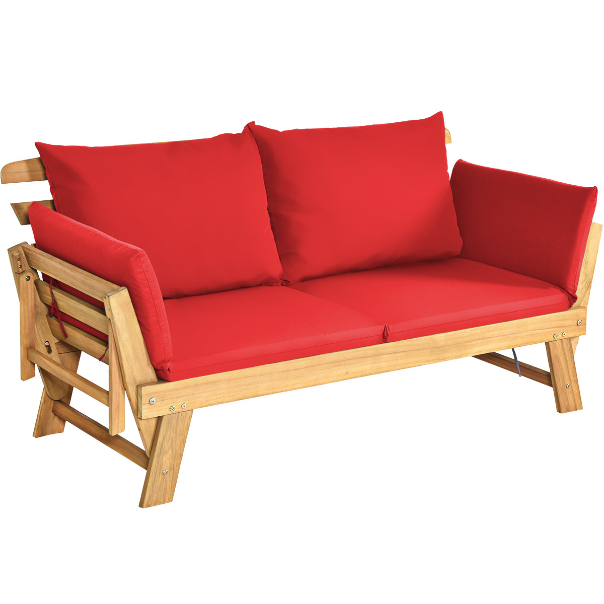 Divano letto convertibile in legno d'acacia con braccioli regolabili cuscini, Chaise longue da esterno Rosso-Poltrone e sdraio