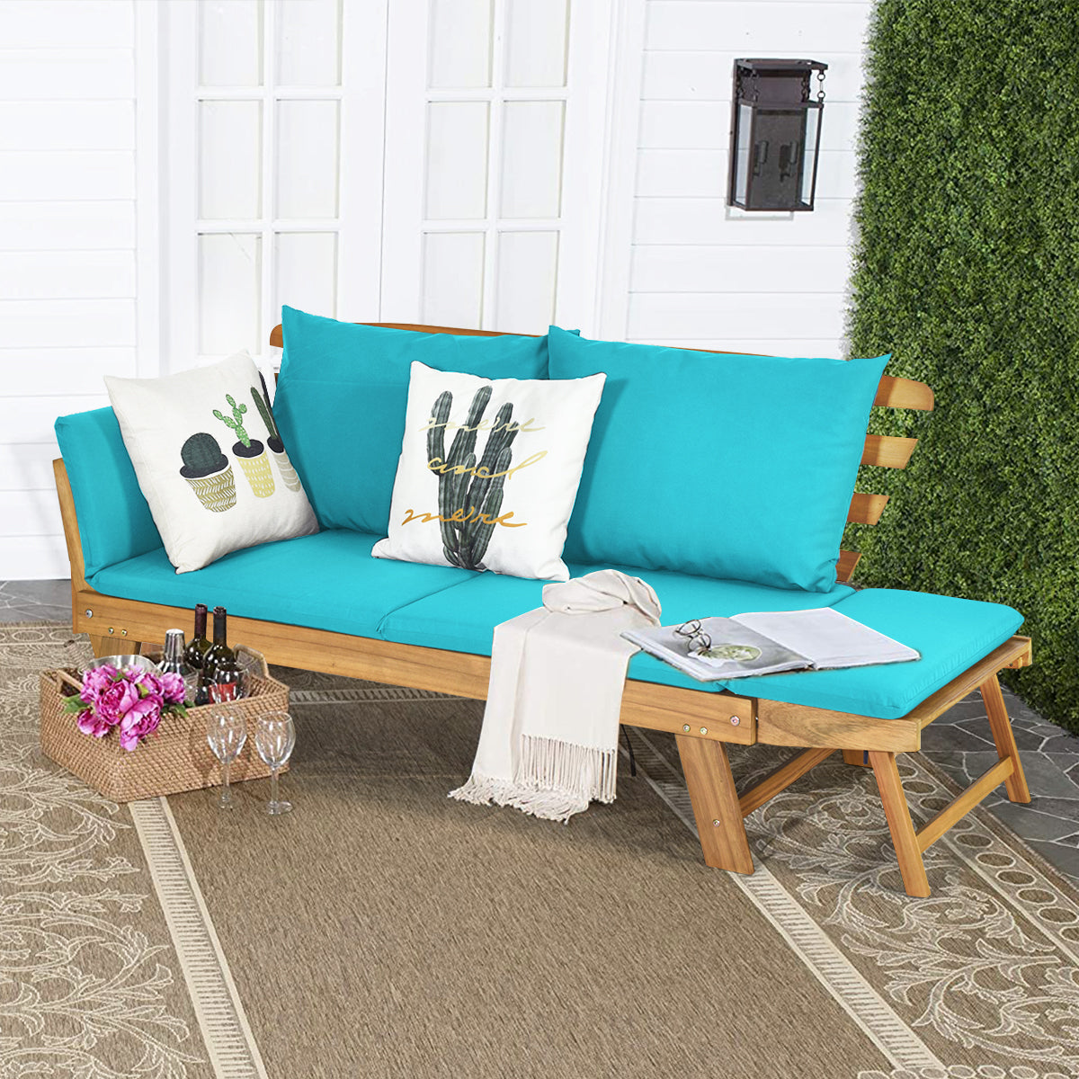 Divano letto convertibile in legno d'acacia con braccioli regolabili cuscini, Chaise longue da esterno Verde chiaro-Poltrone e sdraio