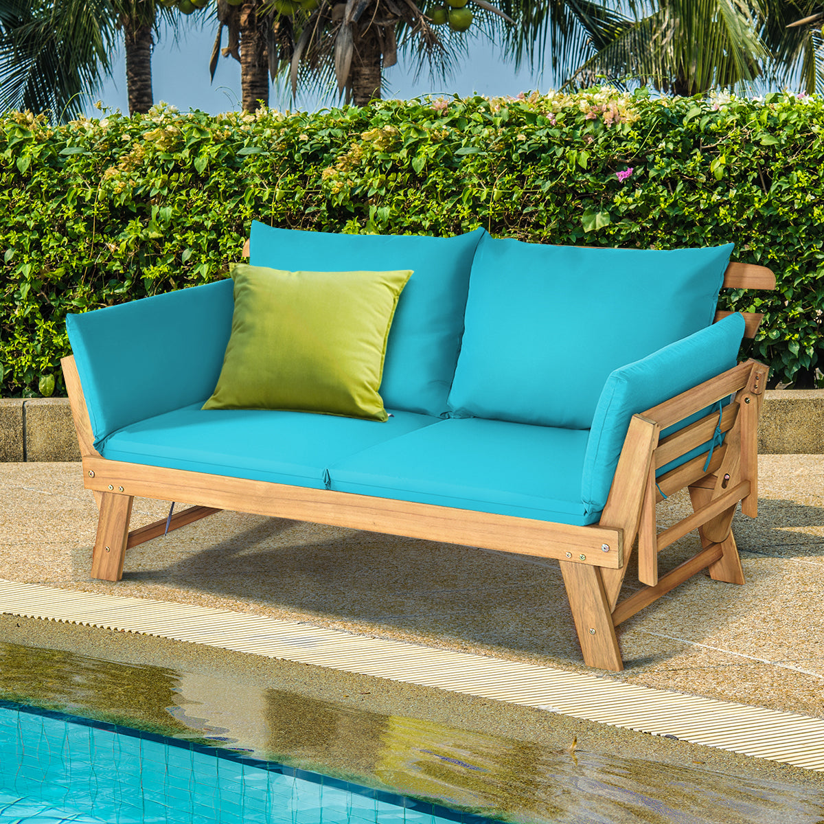 Divano letto convertibile in legno d'acacia con braccioli regolabili cuscini, Chaise longue da esterno Verde chiaro-Poltrone e sdraio