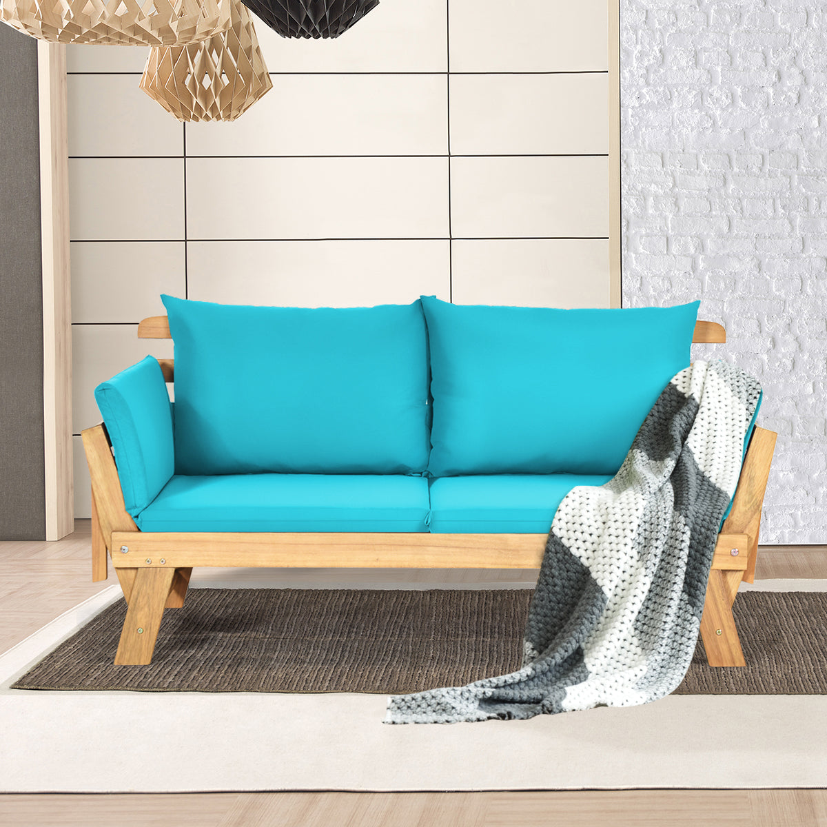 Divano letto convertibile in legno d'acacia con braccioli regolabili cuscini, Chaise longue da esterno Verde chiaro-Poltrone e sdraio