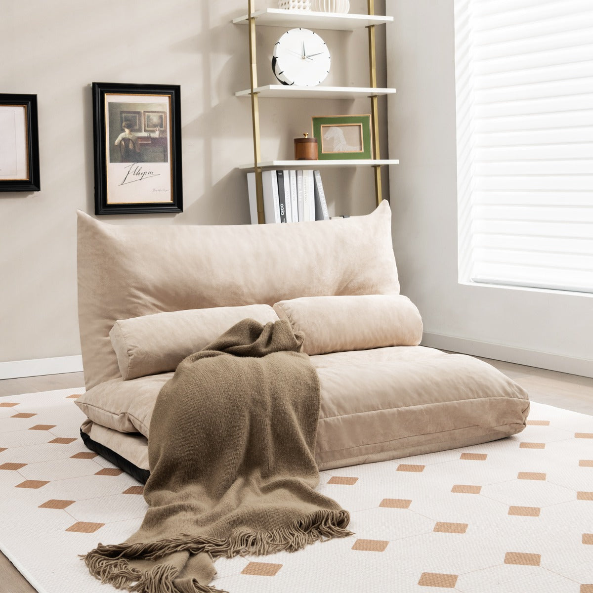 Divano letto 2 posti regolabile con 2 cuscini-Sofa pieghevole con schienale regolabile Beige