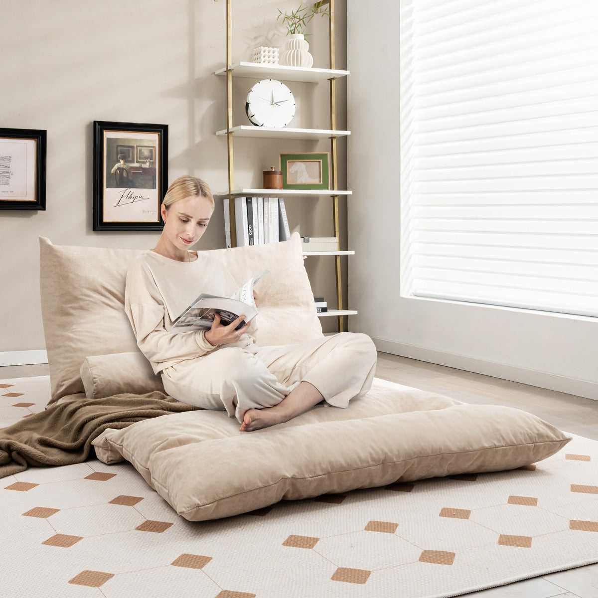 Divano letto 2 posti regolabile con 2 cuscini-Sofa pieghevole con schienale regolabile Beige