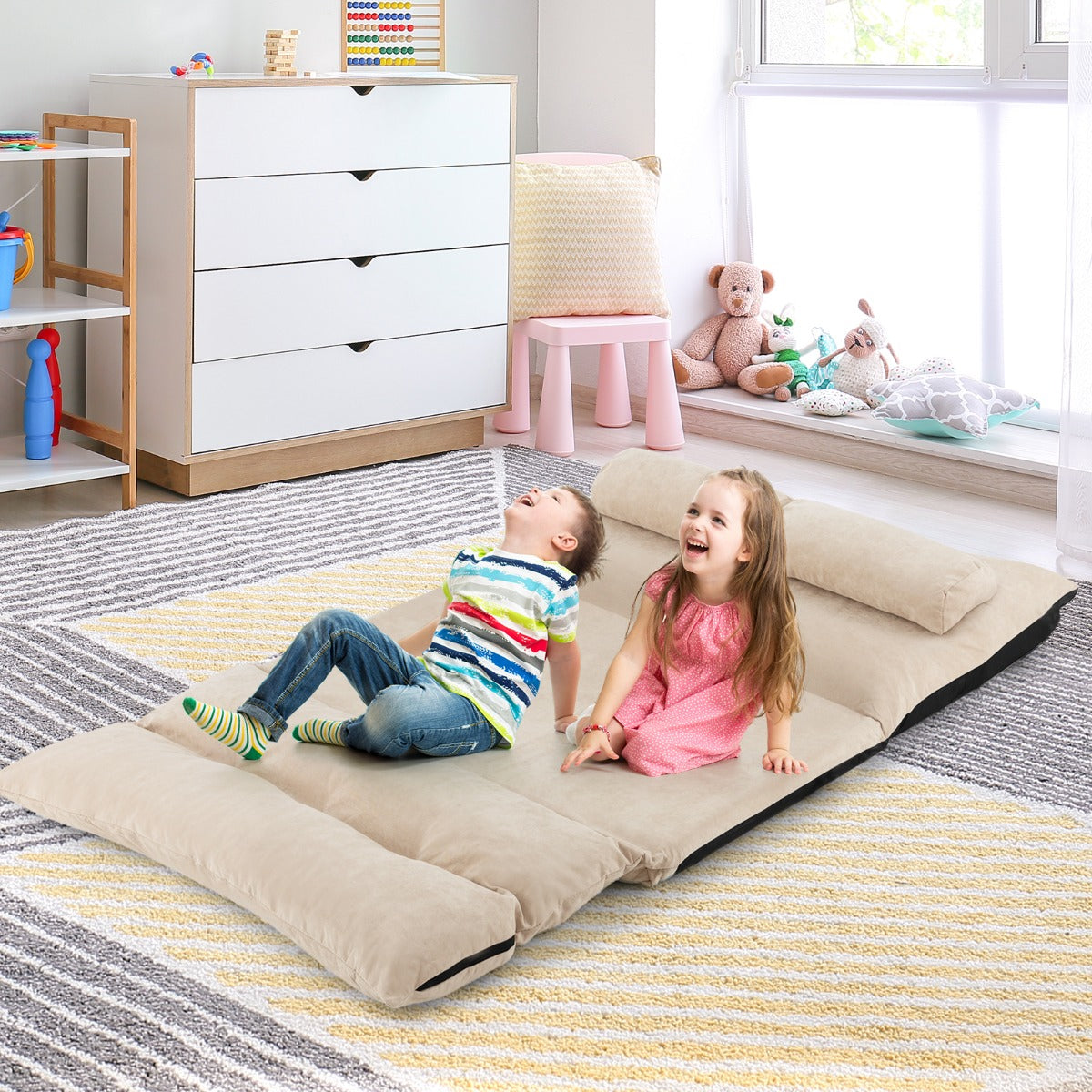 Divano letto 2 posti regolabile con 2 cuscini-Sofa pieghevole con schienale regolabile Beige