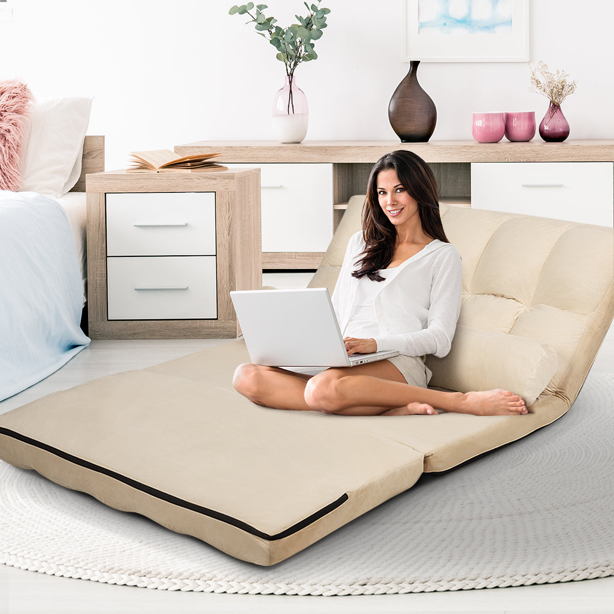 Divano letto pieghevole in 6 posizioni e rivestimento delicato sulla pelle, Divano da terra regolabile Beige-Divani letto