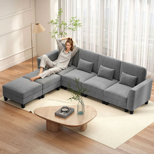 Divano modulare divano a forma di u con porte di ricarica usb e tipo-c, Divano con doppio chaise longue per soggiorno Grigio-Divani da terra