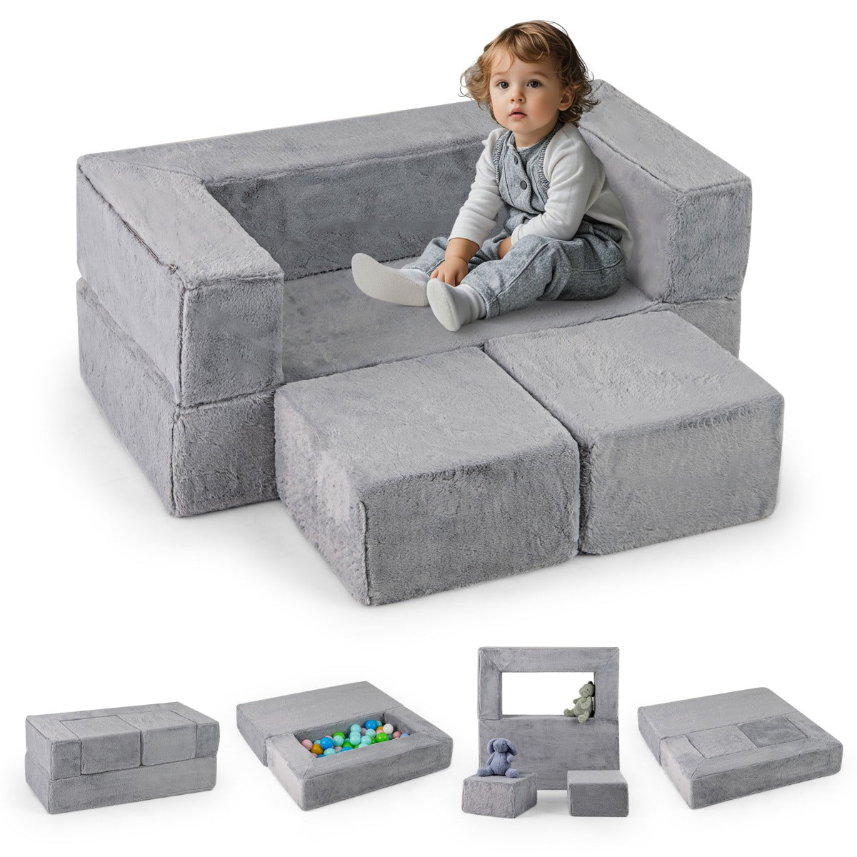Divano modulare in schiuma convertibile per bambini, Set di divano morbido per bambini per piccole stanze da gioco Grigio-Divani per bimbi