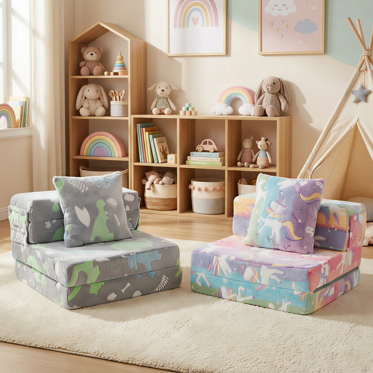 Divano letto 3-in-1 con coperture lavabili a cerniera e cuscino extra-Sofa per bambini che luminesce Grigio