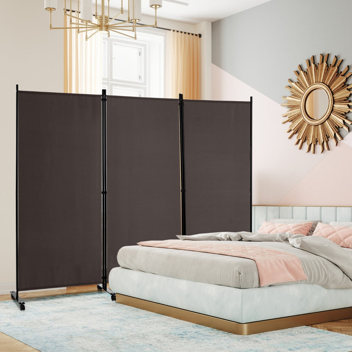 Divisorio a 3 pannelli-Paravento in tessuto portatile con ruote per privacy, Divisorio indipendente per casa e ufficio Marrone