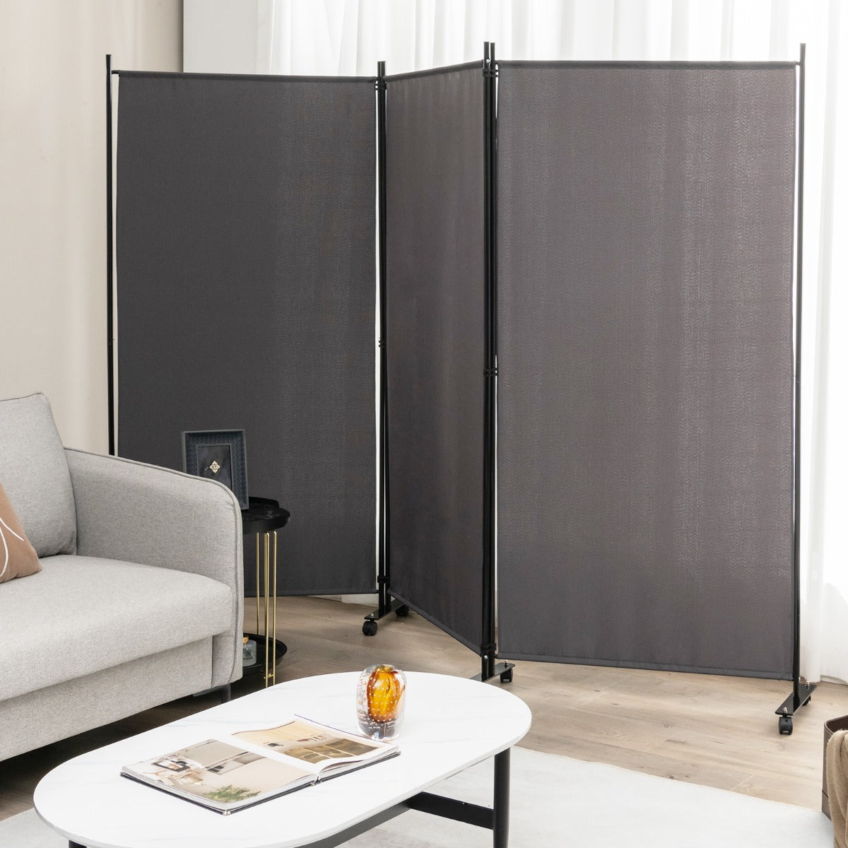 Divisorio a 3 pannelli in tessuto portatile con ruote per privacy-Divisorio indipendente per casa e ufficio Grigio