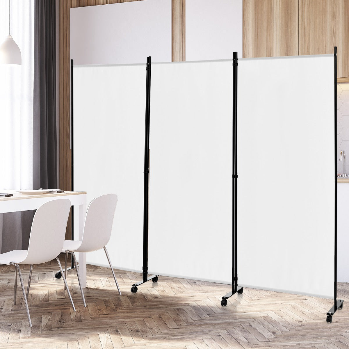 Divisorio a 3 pannelli-Paravento in tessuto portatile con ruote per privacy, Divisorio indipendente per casa ufficio Bianco