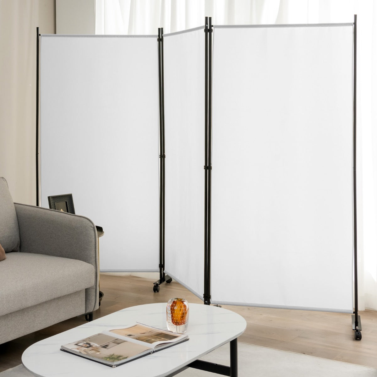 Divisorio a 3 pannelli-Paravento in tessuto portatile con ruote per privacy, Divisorio indipendente per casa ufficio Bianco
