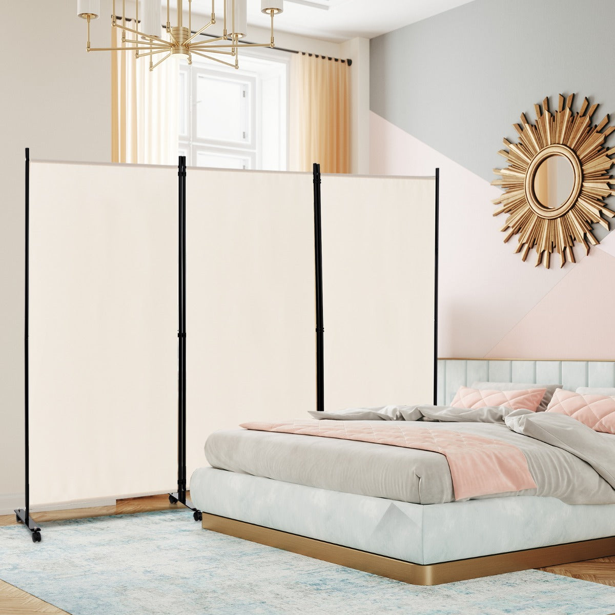 Divisorio a 3 pannelli-Paravento in tessuto portatile con ruote per privacy, Divisorio indipendente per casa e ufficio Beige