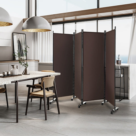 Divisorio con 4 pannelli su ruote-Paravento portatile in tessuto per casa ufficio soggiorno Marrone