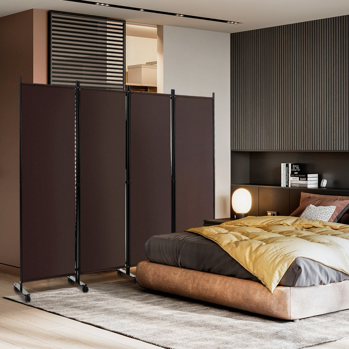 Divisorio con 4 pannelli su ruote-Paravento portatile in tessuto per casa ufficio soggiorno Marrone