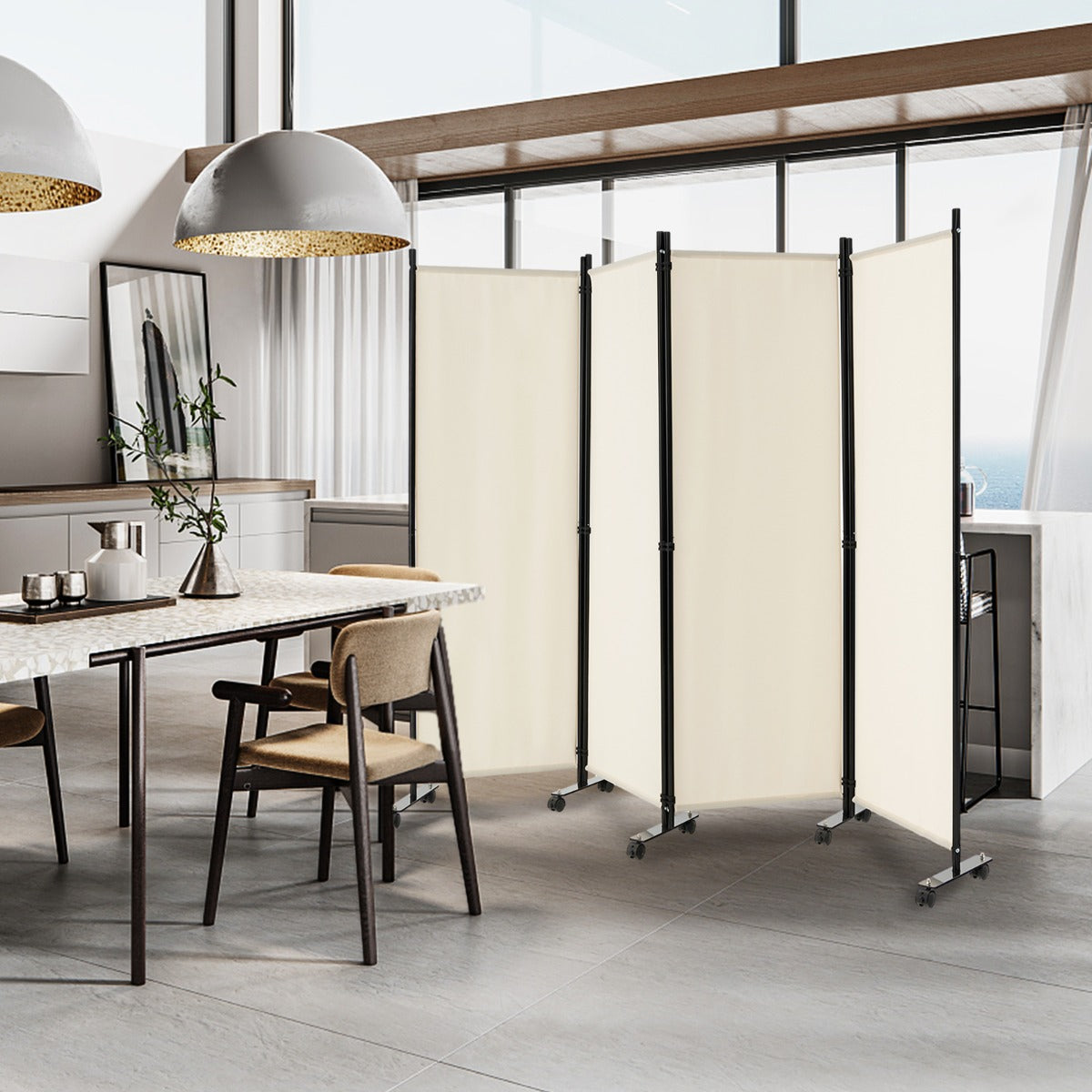 Divisorio con 4 pannelli su ruote-Paravento portatile in tessuto per casa ufficio soggiorno Beige