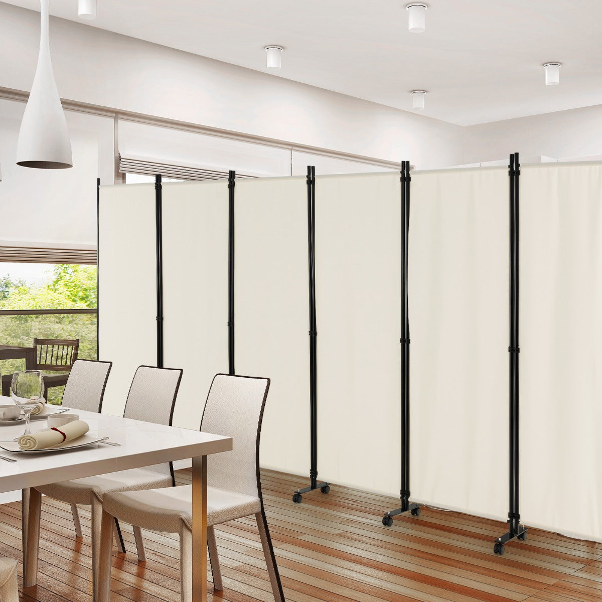 Divisorio pieghevole a 6 pannelli con ruote bloccabili-Separ¨¨ per interni 172cm da soggiorno ufficio Beige