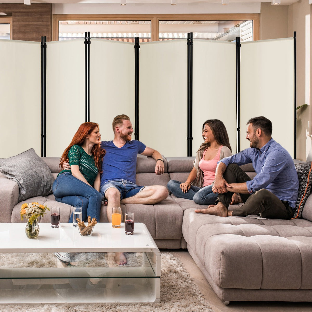 Divisorio pieghevole a 6 pannelli con ruote bloccabili-Separ¨¨ per interni 172cm da soggiorno ufficio Beige