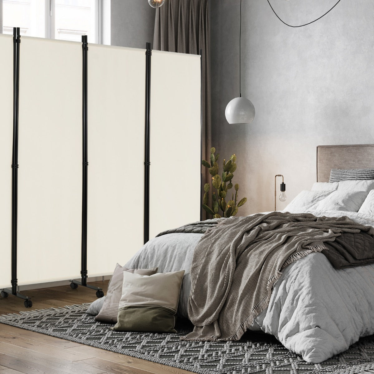 Divisorio pieghevole a 6 pannelli con ruote bloccabili-Separ¨¨ per interni 172cm da soggiorno ufficio Beige