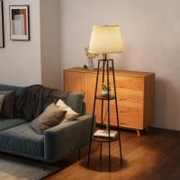 Lampada da Terra a 2 Ripiani in Metallo e MDF con Paralume in Tessuto, Ø42x166 cm, Nero e Marrone