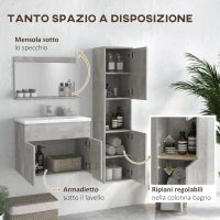 kleankin Set Mobili Bagno da 4 Pezzi con Lavabo da 60cm, Mobiletto, Colonna Bagno e Specchiera in Legno, Grigio