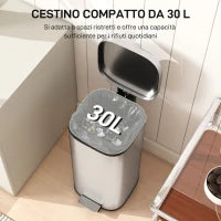 Pattumiera a Pedale da 30L con Secchio Rimovibile, in Metallo e PP, 29x36x59.5 cm, Argento