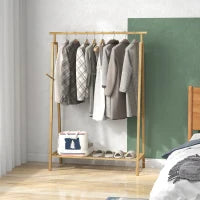 Appendiabiti a Doghe in Bambù con Gruccia Laterale e Spazio per Scarpe, 110x42x152 cm, color Legno