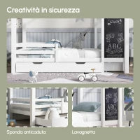 Letto per Cameretta, 6+ Anni con Lavagna e Recinzione, 2 Cassetti, Struttura in Pino 90x200 cm, Bianco