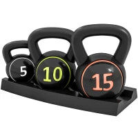 Set 3 Kettlebell da 2.2 kg, 4.5 kg e 6.8 kg con Base Piatta e Portapesi, in Plastica e Sabbia, Nero