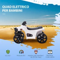 Quad Elettrico per Bambini ATV 6V, Quad per Bambini con Fari e Clacson, Velocità 3km/h, Età 18-36 Mesi, 65x40x43cm, Nero Bianco