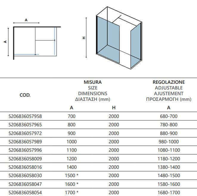 Doccia Walk in Due Pareti H200cm Anticalcare Profili Color Oro - 120cm - 120cm