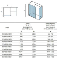 Doccia Due Pareti Walk in Fumè H200cm 8mm Anticalcare Profili Neri - 70cm - 170cm