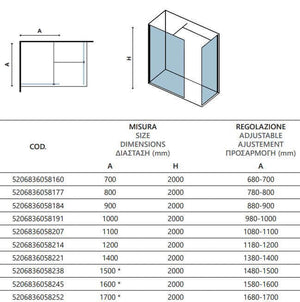 Doccia Due Pareti Walk in H200cm 8mm Anticalcare Profili Neri - 110cm - 150cm
