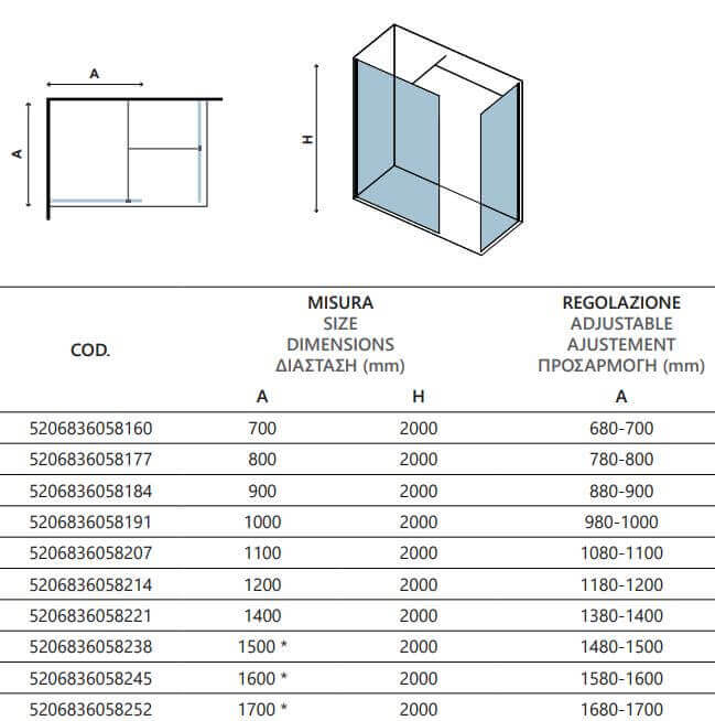 Doccia Due Pareti Walk in H200cm 8mm Anticalcare Profili Neri - 160cm - 170cm