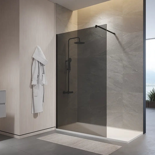 Doccia walk-in 130cm vetro temperato anticalcare 10mm fumé profili neri | Naxos