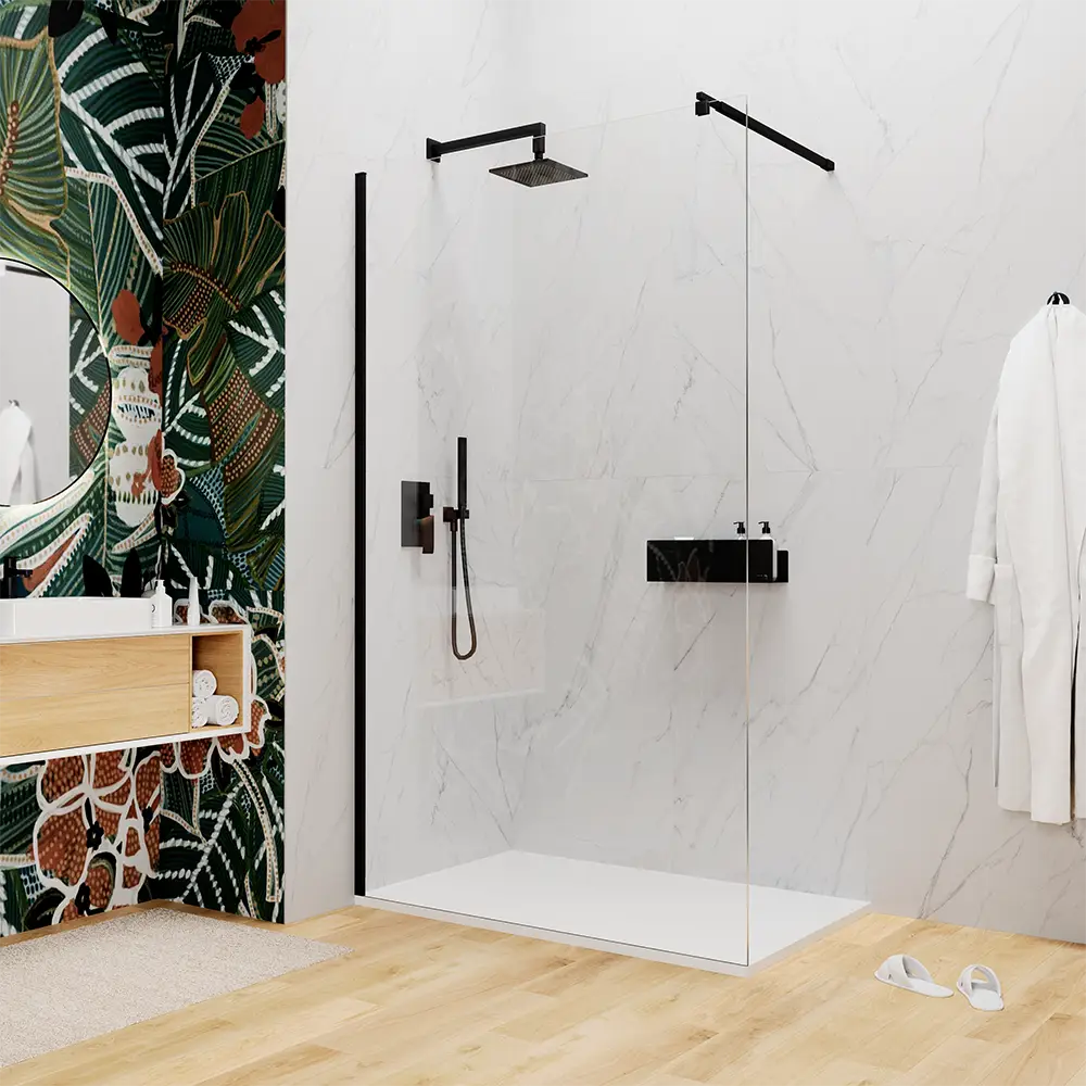 Doccia walk-in 90 cm vetro 8mm anticalcare trasparente h200 profili neri | Keros