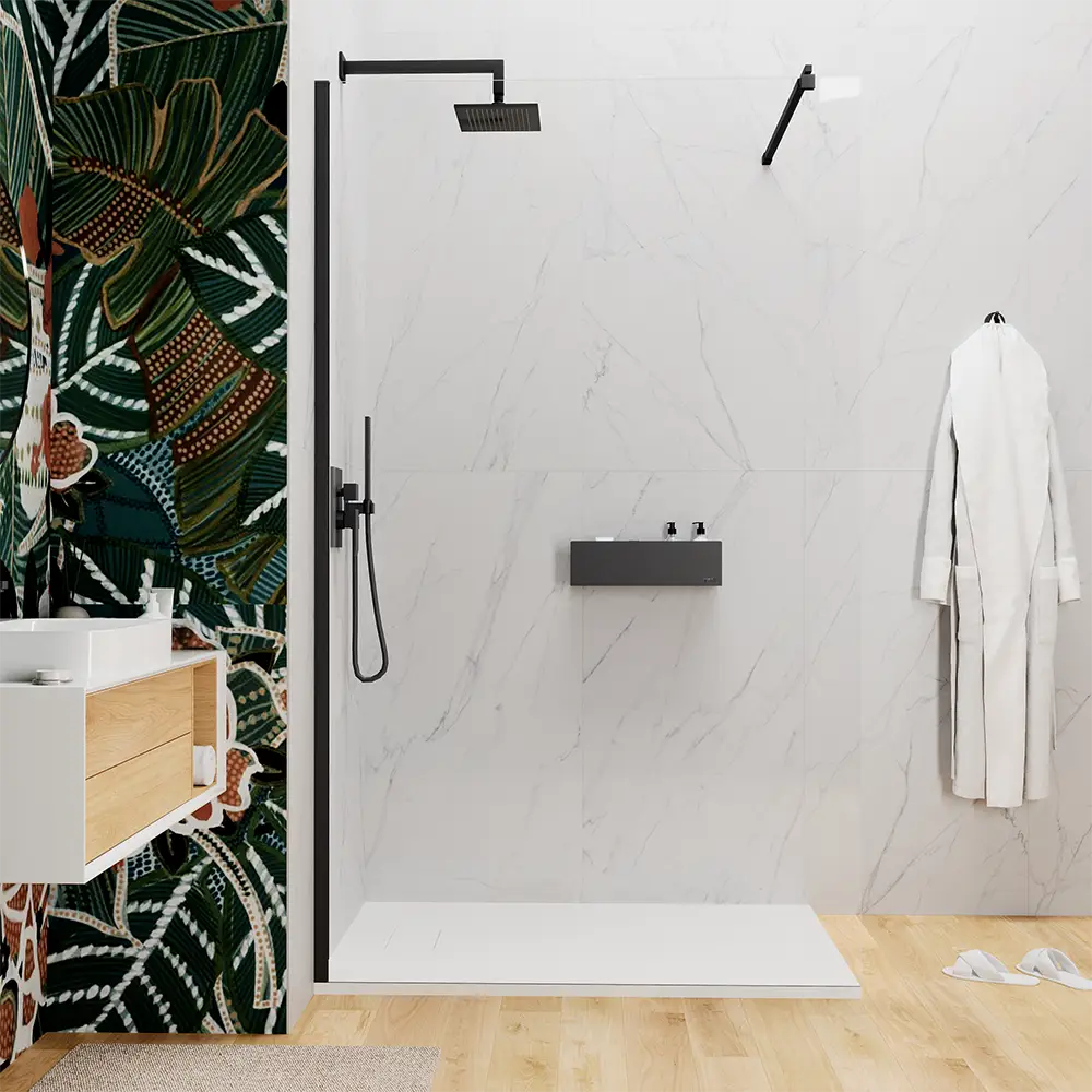 Doccia walk-in 80 cm vetro 8mm anticalcare trasparente h200 profili neri | Keros