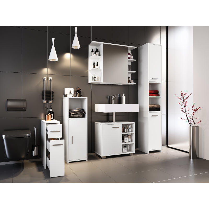 Domus di Ezooza  Set Bagno Completo 4 Pezzi Mobile + Colonna + Pensile e armadietto a specchio, Nero ,