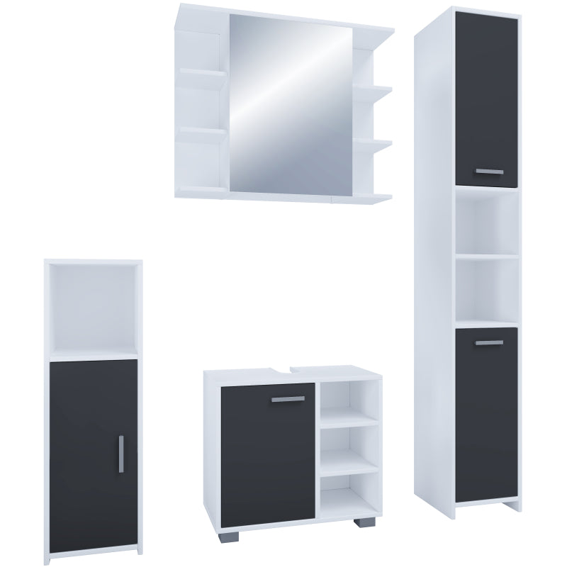 Domus di Ezooza  Set Bagno Completo 4 Pezzi Mobile + Colonna + Pensile e armadietto a specchio, Nero ,