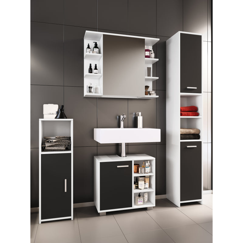 Domus di Ezooza  Set Bagno Completo 4 Pezzi Mobile + Colonna + Pensile e armadietto a specchio, Nero ,