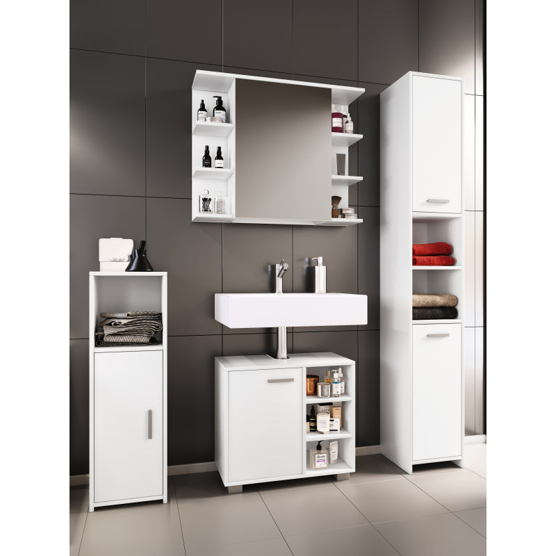 Domus di Ezooza  Set Bagno Completo 4 Pezzi Mobile + Colonna + Pensile e armadietto a specchio, Bianco ,