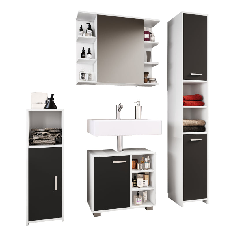 Domus di Ezooza  Set Bagno Completo 4 Pezzi Mobile + Colonna + Pensile e armadietto a specchio, Nero ,