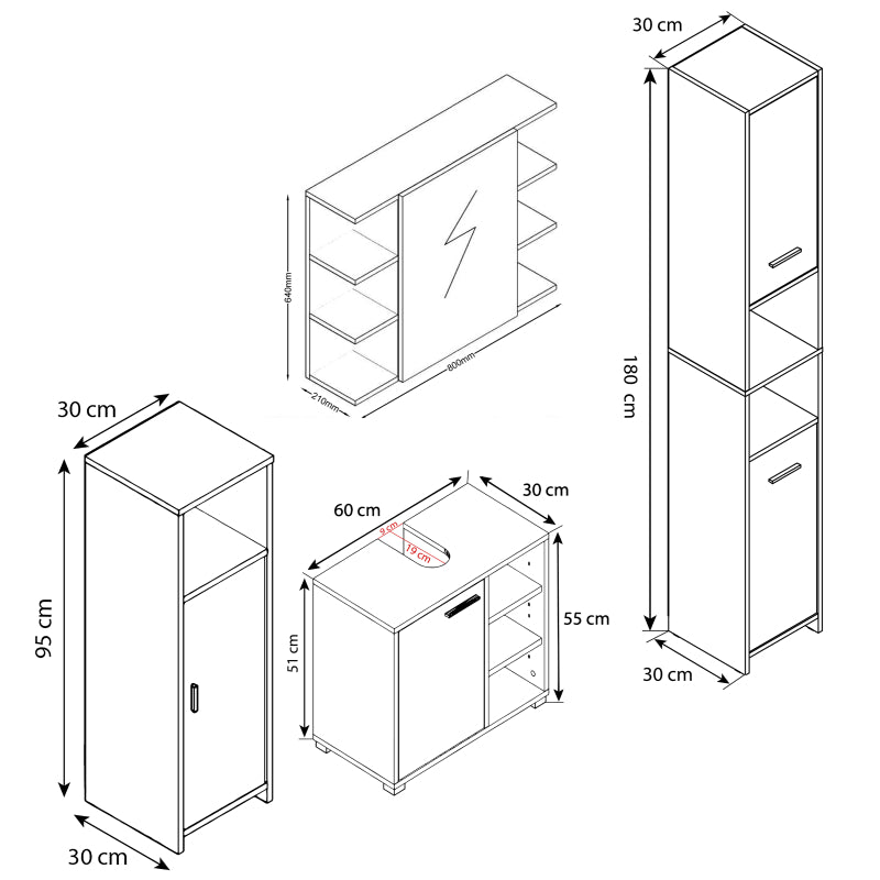 Domus di Ezooza  Set Bagno Completo 4 Pezzi Mobile + Colonna + Pensile e armadietto a specchio, Bianco ,