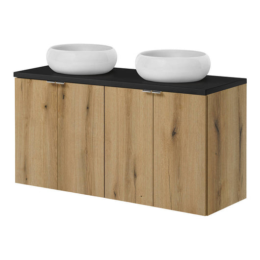 Mobile Pensile Sottolavabo Doppio Newport a 4 Ante con 2 Lavabi Rotondi - Effetto Rovere/Nero [en.casa]