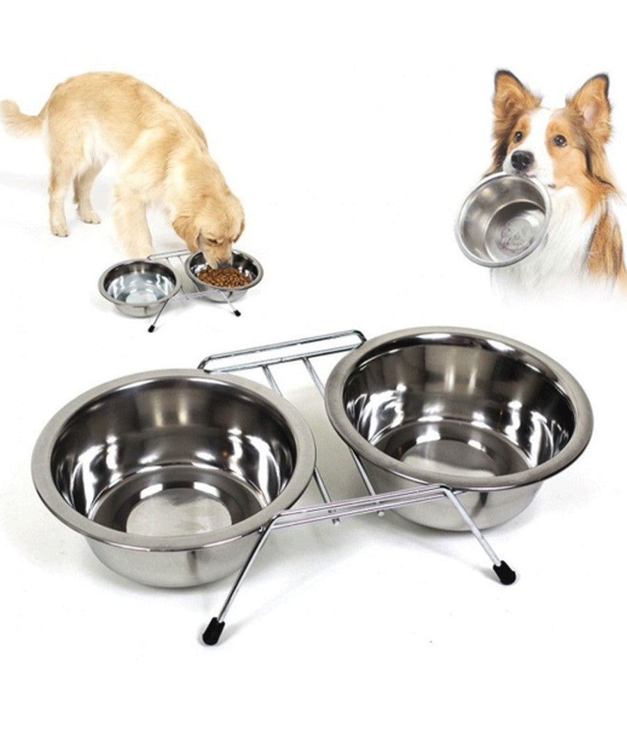 Doppia Ciotola Con Supporto Per Cani 2x550ml Per Cibo Acqua Crocchette Acciaio         
