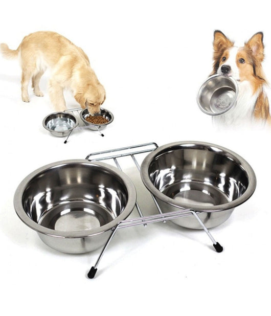 Doppia Ciotola Con Supporto Per Cani 2x550ml Per Cibo Acqua Crocchette Acciaio         