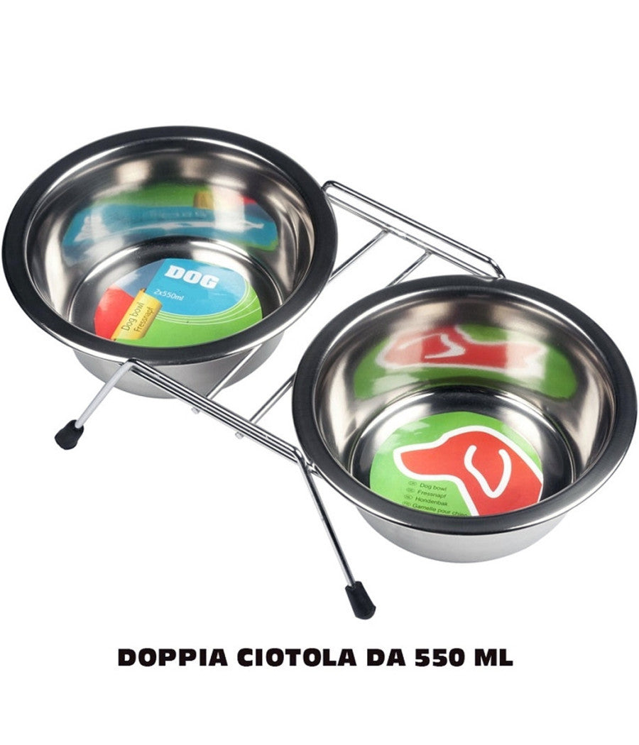 Doppia Ciotola Con Supporto Per Cani 2x550ml Per Cibo Acqua Crocchette Acciaio         