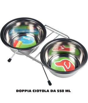 Doppia Ciotola Con Supporto Per Cani 2x550ml Per Cibo Acqua Crocchette Acciaio         