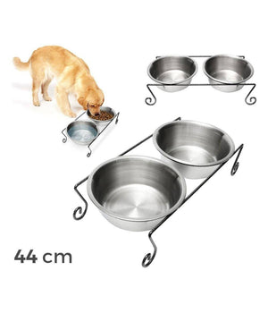 Doppia Ciotola Per Cane Cani In Acciaio Con Supporto Rialzato 44 X 21 X 11 Cm         