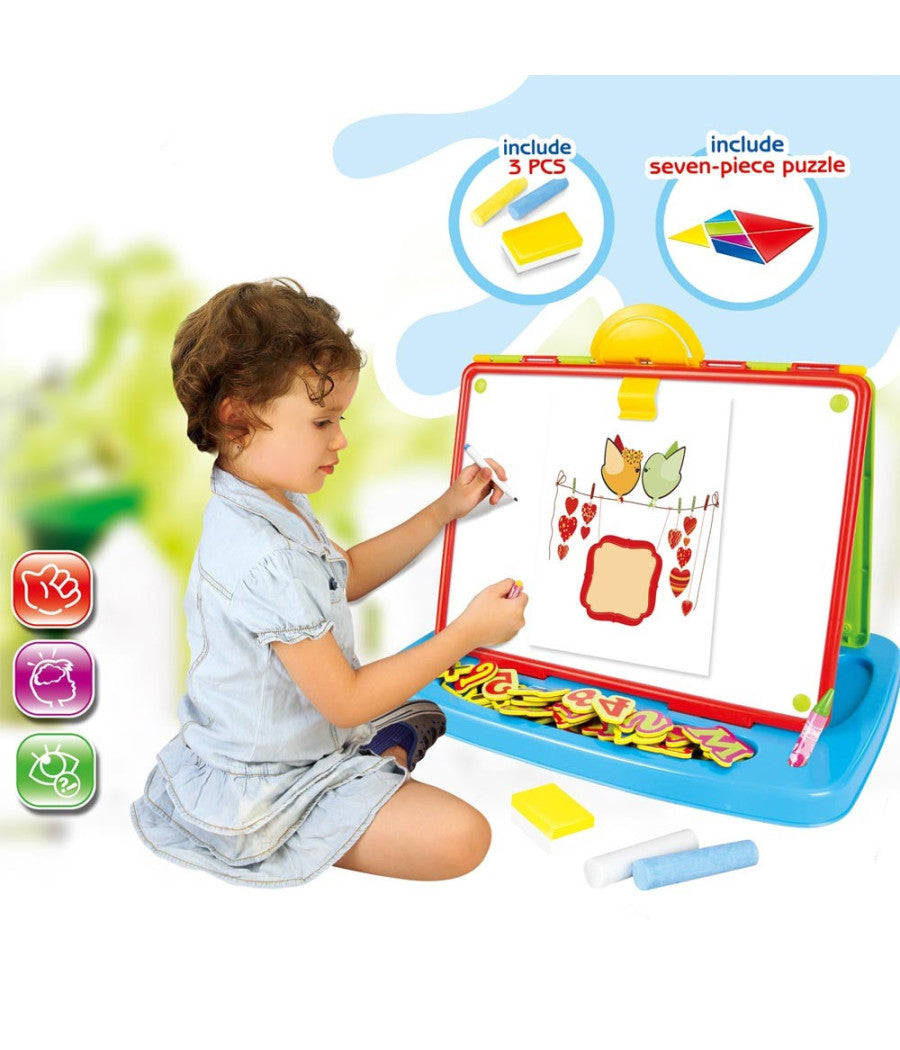 Doppia Lavagna Con Supporto Da Tavolo Con Accessori Puzzle Lettere E Numeri         