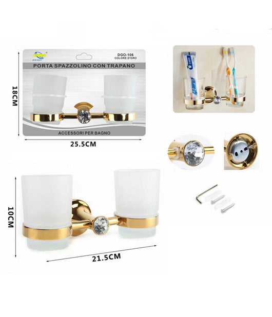 Doppio Bicchiere Supporto Bagno Porta Spazzolino Denti Muro Dorato Oro Dgo-106         